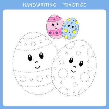 Handwriting practice sheet. Simple educational game for kids. Vector illustration of cute Easter eggs for coloring book