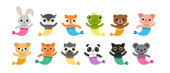 Big set of animals mermaids vector cartoon illustration.