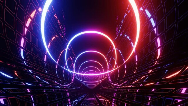 Hi-tech neon sci-fi tunel. Trendy neon glow lines form pattern and construction in mirror tunnel. Sci-fi pattern with glow frames. Fly through technology cyberspace. 3d looped seamless 4k bg.
