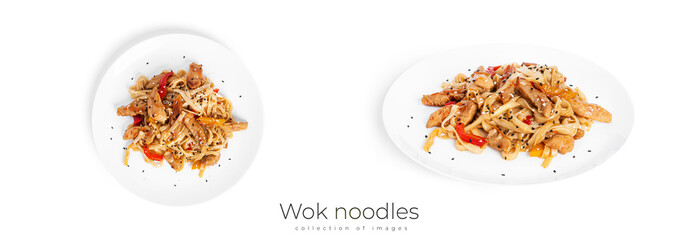 Wok noodles with chicken isolated on a white background. Pasta with chicken fillet.