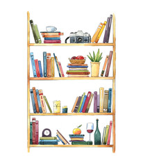 bookcase, multi bookshelf with books and objects watercolor illustration