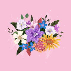 Multi-colored arrangement of flowers on a white background to decorate holiday cards for wedding, birthday, women's day, 8 march. Yellow, vintage purple and blue flowers with green foliage in vector. 