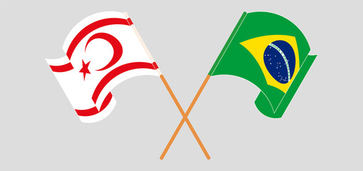 Crossed and waving flags of Northern Cyprus and Brazil
