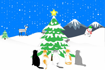 Five Cats Staring at Two Mice in a Christmas Tree