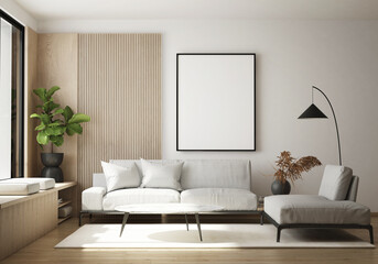 mock up poster frame in modern interior background, living room, Scandinavian style, 3D render, 3D illustration