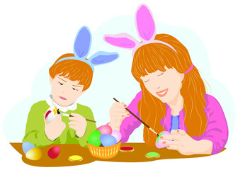Portrait of happy son and mom painting Easter eggs. A german son and mother with red hair in a handkerchief paints eggs for Easter. Happy Easter Day or preparation for Easter concept.