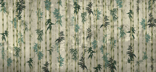 
tropical plant bamboo art drawing on a textured background photo wallpaper in the interior - obrazy, fototapety, plakaty