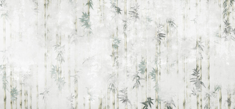  texture shabby background which depicts bamboo cane and leaves photo wallpaper in the interior © Виктория Лысенко