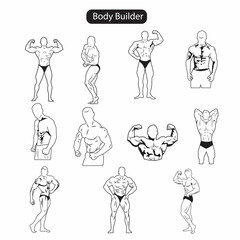 A set of body builders line icon set