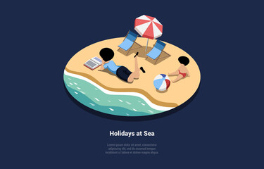 Concept Of Summer Vacations. Female Character Parent With Child Lying And Sunbathing on The Beach. Time To Vacations. Illustration With Sunbed And Beach Umbrella. Isometric 3d Vector Illustration