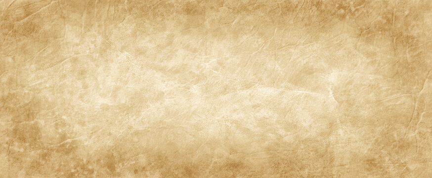 Old brown paper parchment background design with distressed vintage stains and crumpled texture with white faded cracked and torn center, elegant antique beige color
