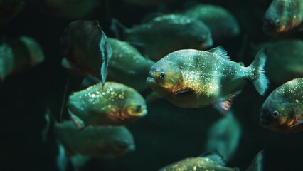 Dangers of sea life concept. Swimming piranha. High quality photo