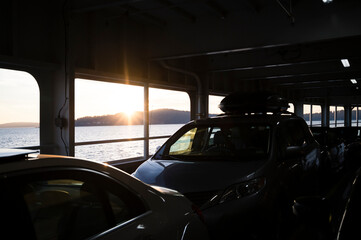 Cars Parked on the Ferry Crossing to Seattle at Sunset