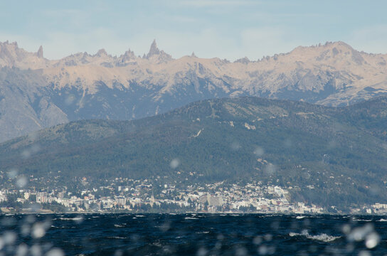 city ​​of bariloche, view from lake nahuel huapi with cerro frey, cerro otto and cerro catedra lde background