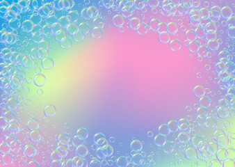 Bubble foam. Detergent and shampoo suds for bath. Soap. Rainbow fizz and splash. Realistic water frame and border. Blue 3d vector illustration banner. colorful liquid bubble foam.