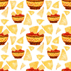 Watercolor seamless pattern with mexican food, nachos on white background.