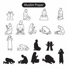 A set of Muslim prayer line icons and silhouettes. 