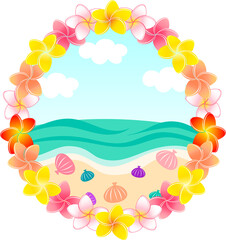 Fototapeta na wymiar プルメリアの花飾りと、南国のビーチにカラフルな貝殻があるリゾート感のあるイラスト