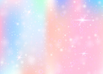 Hologram background with rainbow mesh. Kawaii universe banner in princess colors. Fantasy gradient backdrop. Hologram unicorn background with fairy sparkles, stars and blurs. © Holo Art