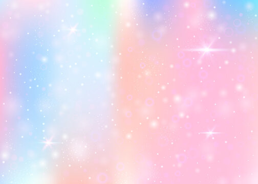 Hologram background with rainbow mesh. Kawaii universe banner in princess colors. Fantasy gradient backdrop. Hologram unicorn background with fairy sparkles, stars and blurs.