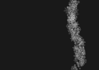 Obraz premium Silver snowflakes frame on black background. Horizontal shiny Christmas and New Year frame for gift certificate, ads, banners, flyers. Falling snow with glitter silver snowflakes for party invite