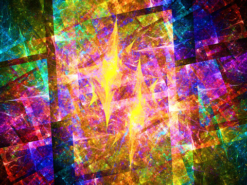 Imagen de arte fractal digital compuesta de líneas negras inclinadas y cruzadas rodeadas de destellos luminosos coloridos con apariencia de planos cortantes atravesando una nebulosa.
