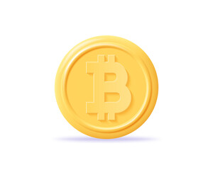 3D bitcoin icon. Render golden cryptocurrency, crypto coin or virtual money. Concept international stock exchange and Network bitcoin marketing. 3d realistic vector illustration
