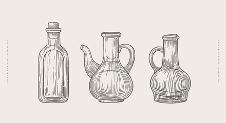 Set of hand-drawn bottles for organic oil or vinegar on a light isolated background. Can be used for cafe menu design, restaurant and store packaging. Vintage illustration in engraving style.