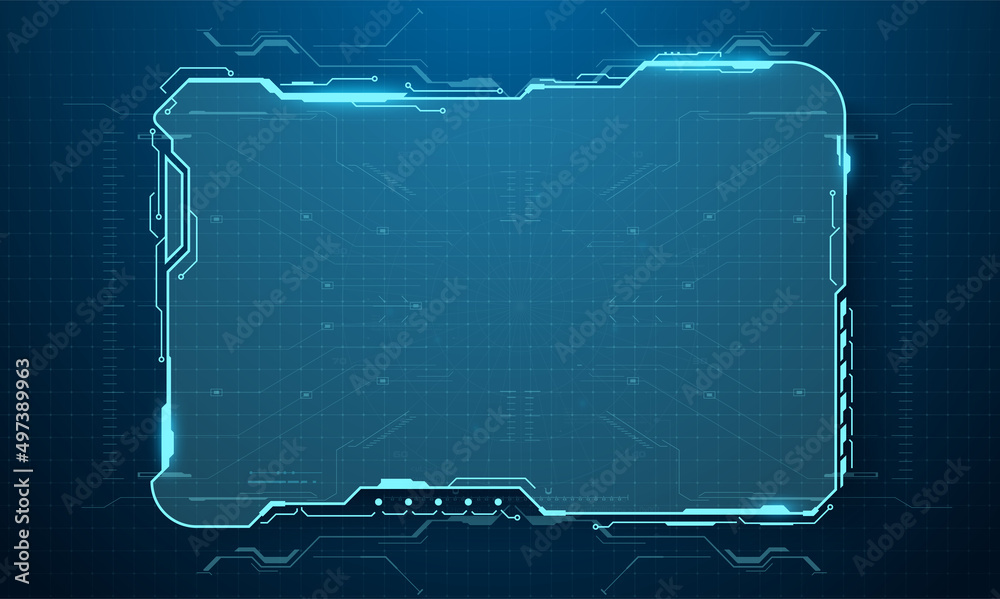 Poster Futuristic fui display screen frame and information fields. The user interface of the sci-fi game interface. Design element in a modern technological style for a HUD-style game. Isolated illustration
