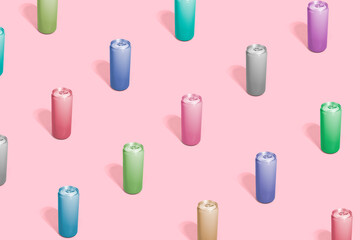 Multiple color cans in pattern on pastel pink background. Interesting recycle metal concept.  Care for the environment concept