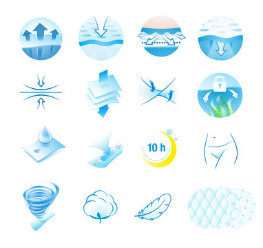A set of icons for the absorbent material. Perfect for feminine pads, baby diapers, tissues, napkins and etc. EPS10.	