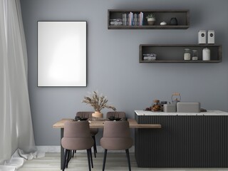 Mockup room in dining room with dining set, gray wall, and wall shelves. 3d rendering. 3d illustration