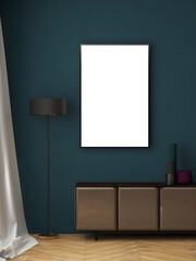 Mockup frame with blank frame, cabinet, floor lamp on dark teal painted wall.3d rendering. 3d illustration.