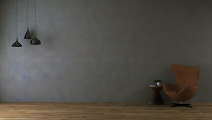 Mockup room with 3 hanging lamps, brown chairs, and concrete wall .3d rendering. 3d illustration.