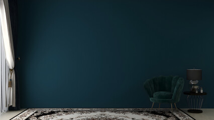 Mockup room with dark teal or dark blue painted wall, shell chair, carpet, and luxury coffee table. 3d rendering. 3d illustration.