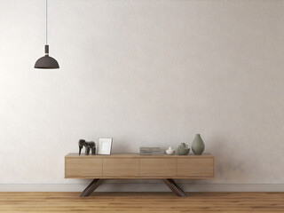 Mockup room with an empty wall, table and objects, and hanging lamp .3d rendering. 3d illustration.