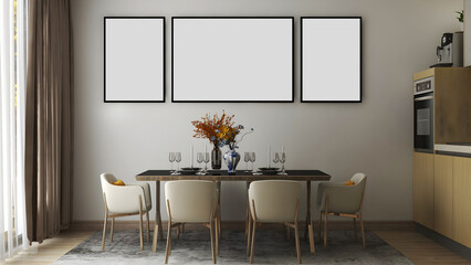 Mockup frame in the dining room with 3 frames, dining table set, and kitchen.3d rendering. 3d illustration.