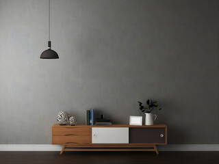 Mockup wall in minimalism room with cabinet and objects, and black hanging lamp .3d rendering. 3d illustration.