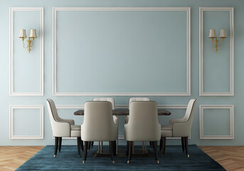 Mockup room in classic dining room, luxury dining table set, blue carpet, classic wall lamp, and blue molding wall .3d rendering. 3d illustration.