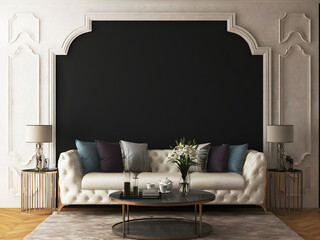 Mockup room in classic interior room with classic molding wall and classic runiture .3d rendering. 3d illustration.