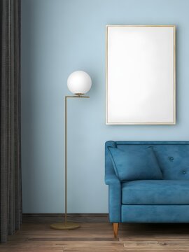Mockup frame in blue room with gold frame and blue soda .3d rendering. 3d illustration.