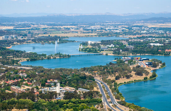 Canberra's Lake Burley Griffin and suburbs, New South Wales, Australia.