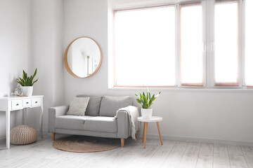 Comfortable sofa, tables with houseplants and mirror on white wall in light living room interior