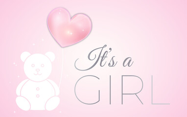 Baby Girl Shower Invitation Design with Pink Bear and Balloon. It's a Girl Vector Illustration