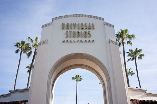Universal City, CA, USA - Mar 21, 2022: The entrance to the Universal Studios Hollywood, a film studio and theme park in the San Fernando Valley area of Los Angeles County, California.