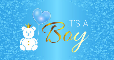 Baby Shower Invitation Design. It's a Boy Vector Illustration with Blue Bright Bear, Balloon and Gold