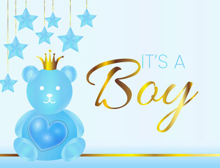 It's a Boy Vector Illustration with Blue Bear, Crown and Stars and Gold Elements