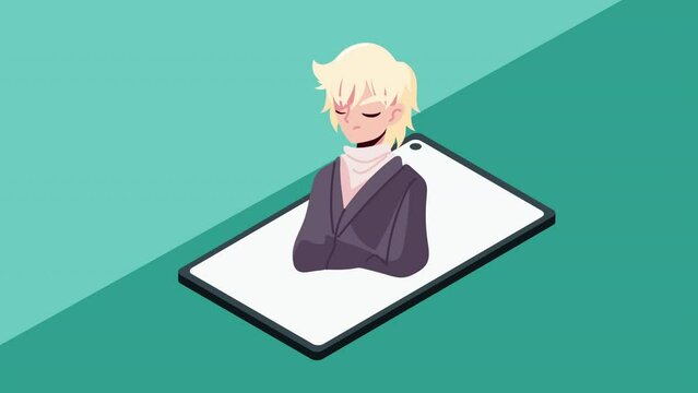 blond man in smartphone anime character