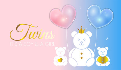 Cute Baby Shower Invitation Design. Blue and Pink Twins It's a Girl and a Boy Vector Illustration with Gold Bears and Heart Balloons for Girl and Boy
