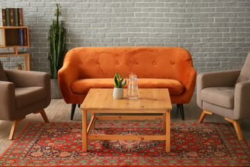 Interior of cozy living room with vintage carpet, sofa and armchairs © Pixel-Shot